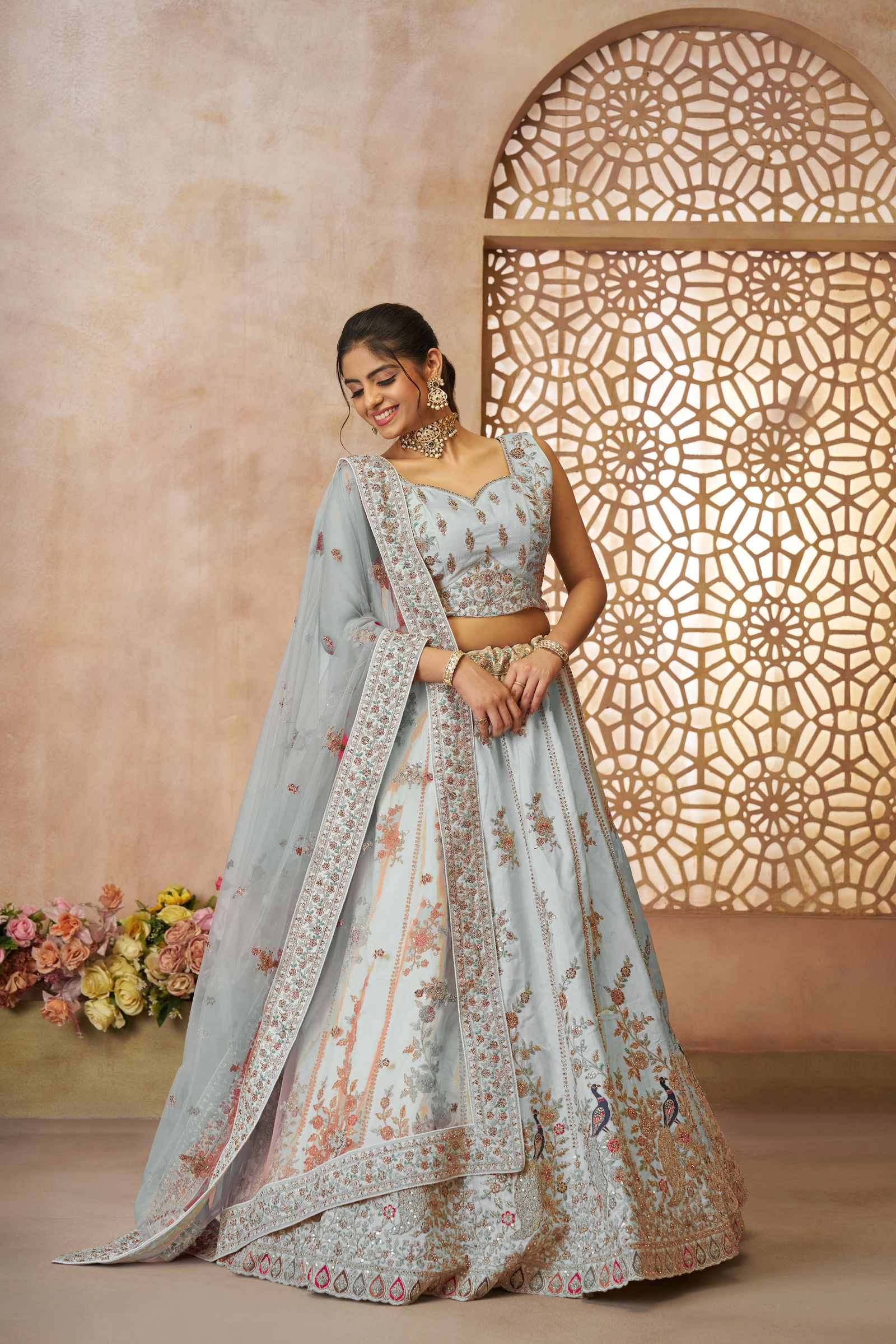 Kf 35 Sky Blue Zari Silk Embroidery Work Lehenga Choli & Dupatta Wholesalers In Delhi